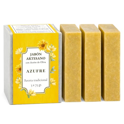 CABRERIZO SOAP JABON DE AZUFRE NATURAL con aceite de oliva - 3 ud. de jabón antibacterial Pack 3 x 75 g. Limpiador facial y corporal piel grasa, Jabones artesanales para acne espalda y puntos negros