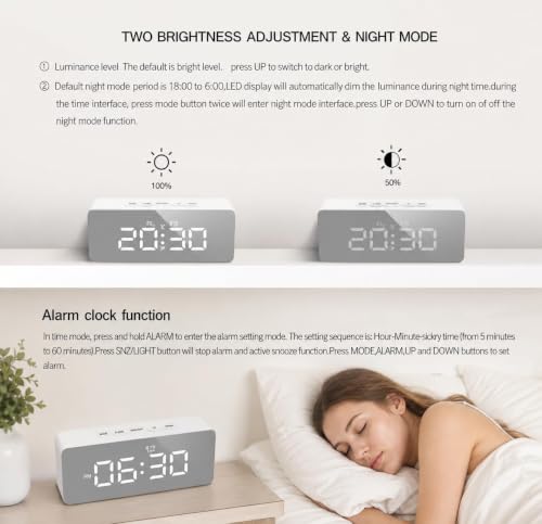 Image of Digital Alarm Clock, LED Mirror Display, Pink, Snooze Function, Adjustable Brightness, USB or Battery Operated, Night Mode