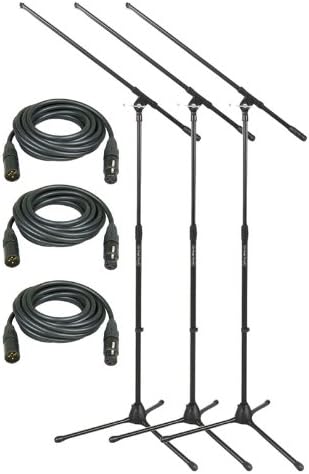 3-Pack of the MS7701B Tripod Microphone Boom Stand from On Stage Stands with 3 LYX LCS Premium Series XLR Cables 25ft
