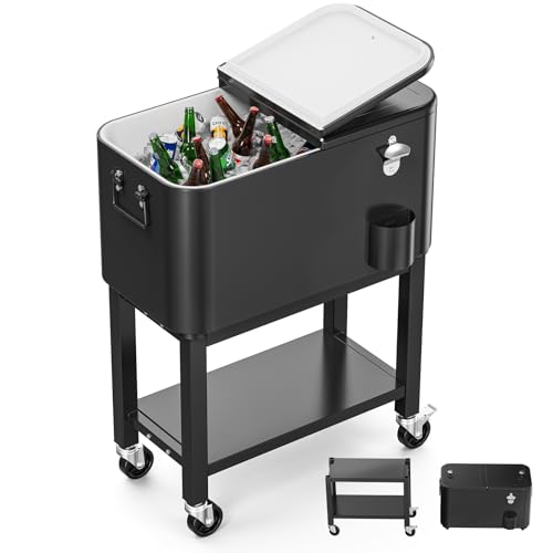 Bonnlo Carro de Servicio de 57L con Ruedas, Carro Auxiliar, Enfriador de Patio, Caja de Enfriamiento, Enfriador de Bebidas con Abrelatas, Ideal para Fiestas y BBQs, 35,5 X 66 X 81 cm, Negro