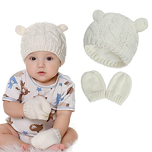 Baby Mütze Handschuhe Set, Kinder Mädchen und Jungen Strickmützen mit niedlichen klein Ohren Warmes Baumwolle Gefüttert Beanie Hut Handschuhe, Weiß, S Cover