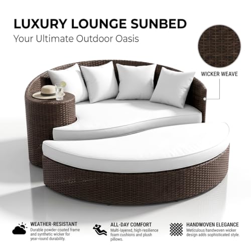 Image of BRISHI Outdoor Patio Daybed /Sunbed /Swimming Pool Side /Sun Lounger /Garden /Terrace /Balcony /Wicker and Rattan Daybed (Dark Brown /White)