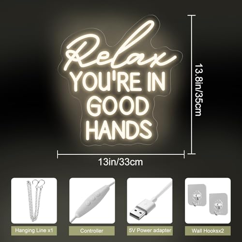 Image of Relax You're In Good Hands Neon Sign Hair Salon Beauty Studio Led Light | USB Powered Dimmable Barber Shop Massage Esthetician Wall Art Decor Gift for Hairdresser 13.8 inchx13 inch