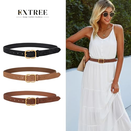Image of Aurolran Women's Fashion Classic Metal Buckle Leather Belt with Jeans Dress