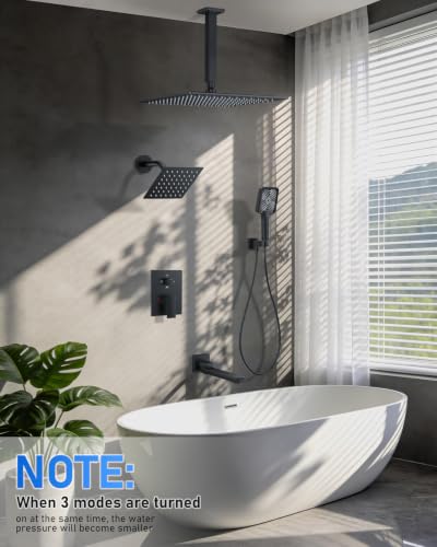 Image of Woindo 4 Function Shower Faucet Set 12 inch Rain Shower Head /6'' Side Shower Head and 3 Setting Handheld Ceiling Mount Push Button Diverter Complete Rainfall Round Shower System Included Valve Trim Kit