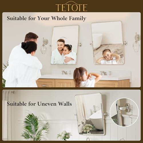 TETOTE Brushed Nickel Pivot Rectangle Bathroom Vanity Mirror 24 x 36 Tilt Beveled Mirror, Pivoting Metal Framed Tempered Glass Mirrors for Modern Farmhouse Decor, Horizontal/Vertical by TETOTE - Used condition - Image 6