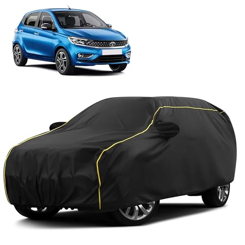 Image of Sulfar 100% Water Resistant Car Body Cover Compatible with Mirror for Tata Tiago (Triple Stitched, Full Bottom Elastic, Black Taffeta with Yellow Piping)