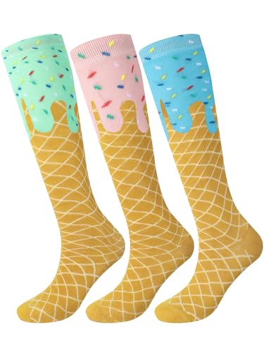 Shyyween 3 Pairs Ice Cream Drip Socks for Youth Teen Funny Ice Cream Drip Baseball Knee High Socks for Women Girls Team Gifts(Pastel)