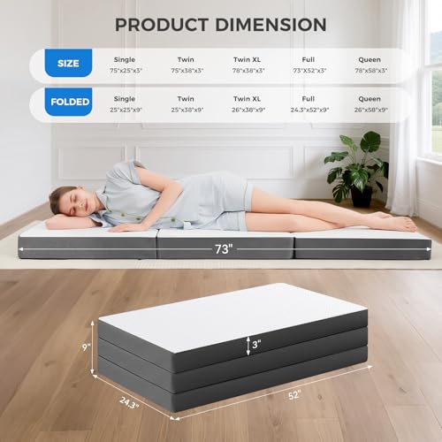 Image of MASVIS Trifold Mattress, 3 Inch Memory Foam Foldable Mattress with Washable Cover, Tri-Folding Floor Bed for Camping, Full