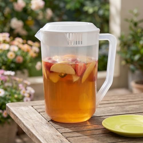 Image of 1PC Plastic Large Water Pitcher with Lid, 4L / 140oz Carafes Mix Drinks Water Jug, Plastic Straining Pitcher Round Lid for Hot /Cold Lemonade Juice Beverage Jar Ice Tea Kettle (White)