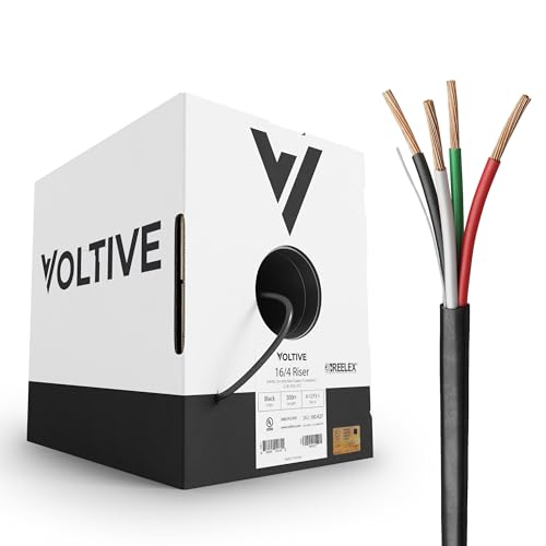 Voltive 16/4 Speaker Wire, Riser CL3R, Black, 500ft - 16AWG, 4 Conductors, Stranded Oxygen-Free Copper, UL Listed - V-1273-1