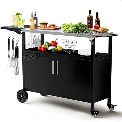 LotFun Outdoor Grill Cart with Storage, 38" x 18" Movable Grill Table with Wheels Hooks and Spice Rack, Patio Kitchen Island Outdoor for Home Party Outside BBQ Bar Cover