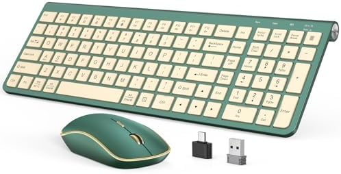 JOYACCESS Wireless Keyboard and Mouse Combo,2.4G Ergonomic Typewriter Keyboard with Type-C Receiver and Adjustable Tilt for Computer, Windows,Desktop, PC, Laptop-Cangling Green