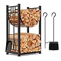 AMAGABELI GARDEN & HOME 31.6in Large Firewood Rack Fireplace Tools Set Wood Holder Indoor log Rack With Tools Tall for Wood Stove Firepit Campfire Storage Stacking Wrought Iron Accessories Outdoor