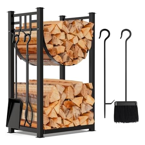 AMAGABELI GARDEN & HOME 31.6in Large Firewood Rack Fireplace Tools Set Wood Holder Indoor log Rack With Tools Tall for Wood Stove Firepit Campfire Storage Stacking Wrought Iron Accessories Outdoor Cover