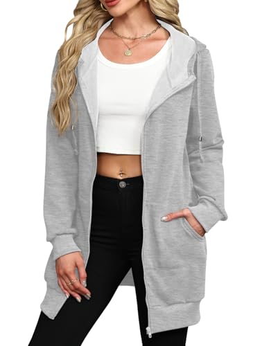 Locryz Women's 2025 Zip Up Hoodies Casual Long Sleeve Sweatshirts Fall Jacket Hooded Coat With Pockets S Light Grey