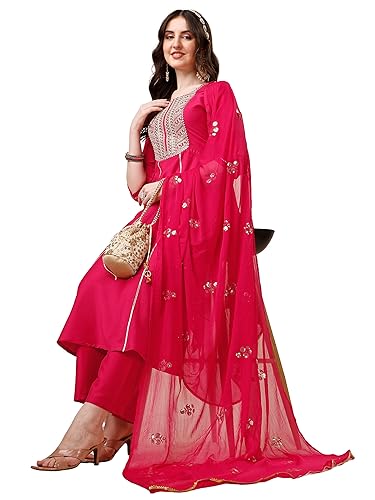 EthnicJunction Women’s Cotton Silk Embroidered Kurta Palazzo and Dupatta Set Pink