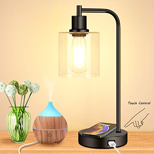 Wireless Charging Industrial Table Lamp 3-Way Touch Control Dimmable Desk Lamp with USB Port Bedside Lamp with Hanging Seeded Glass Shade for Office Bedroom Living Room, Bulb Included - Thumbnail 3