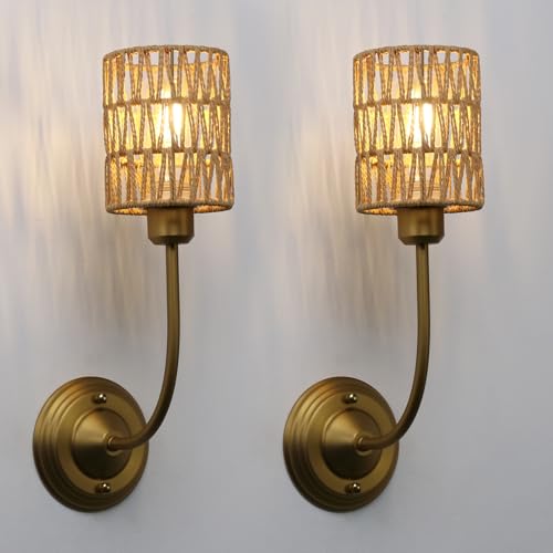 Image of Yosoan Set of 2 Rattan Boho Wrapped Wall Sconce Light, Indoor Hardwired Gold Hand-Woven Farmhouse Vintage Lamps, Brass Braided Rope Shade Wall Mount Fixture for Reading Bedroom(Antique)