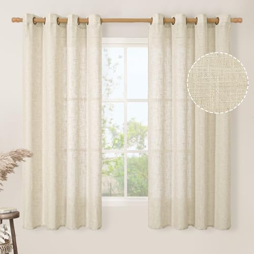 Image of LAMIT Beige 60 Inch Linen Curtains for Bedroom 2 Panels, Light Filtering Semi Sheer Window Drapes Bronze Grommet Linen Textured Panels for Living Room /Farmhouse, 52 x 60 Inch