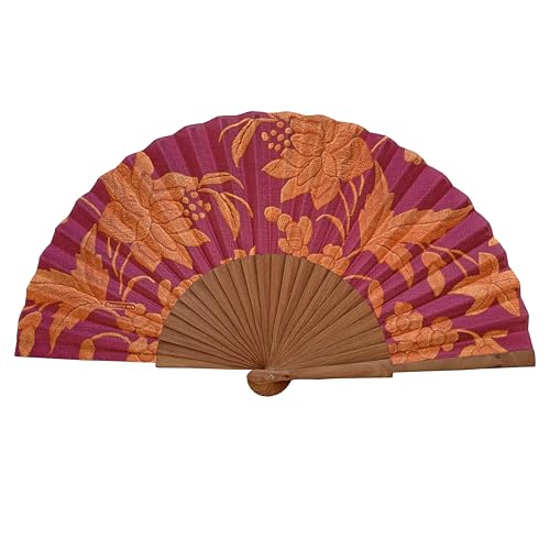 Tusitala Barcelona Abanico Español Alba - Madera y Algodón - 23 cm - Estuche y Funda de Yute - Accesorio de Moda - Hecho a Mano en España - Eventos y Regalos - Colección Mantón