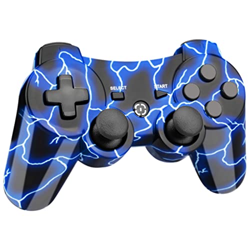 Blue Wireless Remote Works For Ps3 Controller, Oubnag Gamepad For Ps3 Controllers Compatible With Playstation 3 Controller, Cool Lightning Pa3 Controller Gift For Kids Boy Girl Man Lightning Blue #TOP2