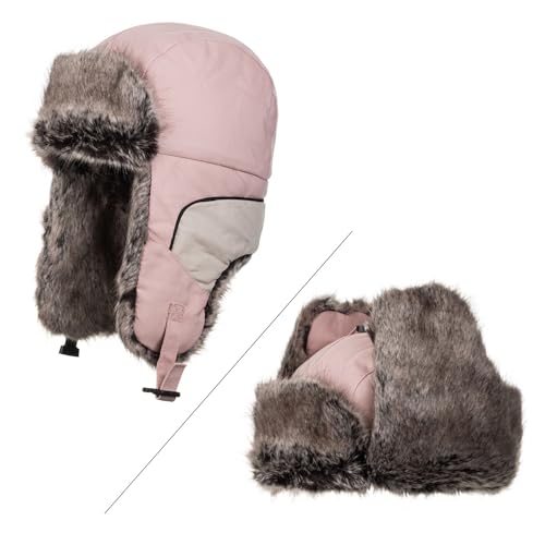 Windproof Faux Fur Lined Aviator Earflap Winter Trapper Hat for Women Men (Pink) - image 1