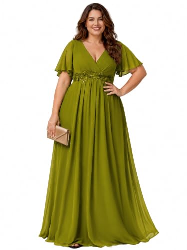 Image of Ever-Pretty Plus Women's Chiffon Plus Size Formal Mother of Bride Dresses | V-Neck, Short Sleeve, Applique, A-Line, Empire Waist, Plus Size Formal Wedding Guest Evening Dresses