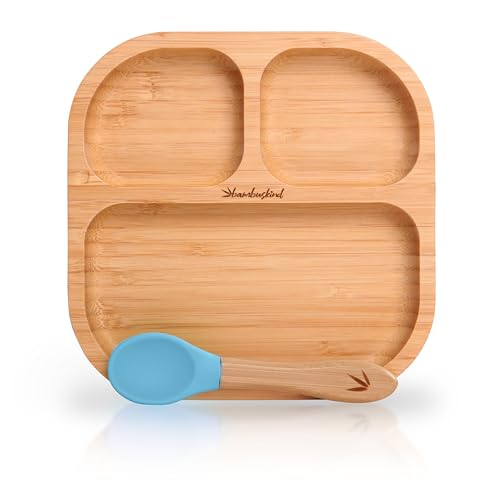 bambuskind Plato infantil con ventosa skyblueI Incluye libro electrónico de recetas, plato antideslizante de bambú con cuchara, juego de vajilla infantil para aprender a comer I sin plásticos nocivos
