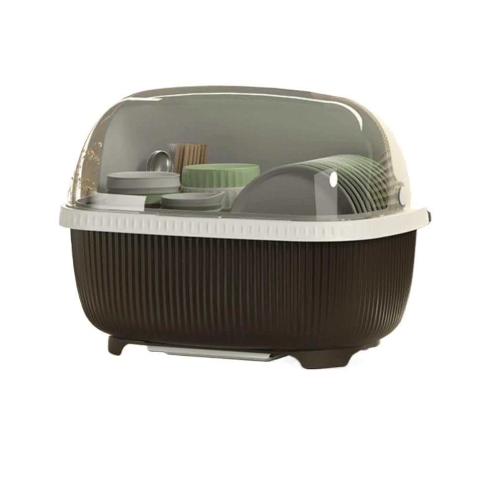 Jobaojiang Large Capacity Dish Drainer With Roof Cover Multifunctional Kitchen Utensils Rack Cupboard Plastic(Coffee)