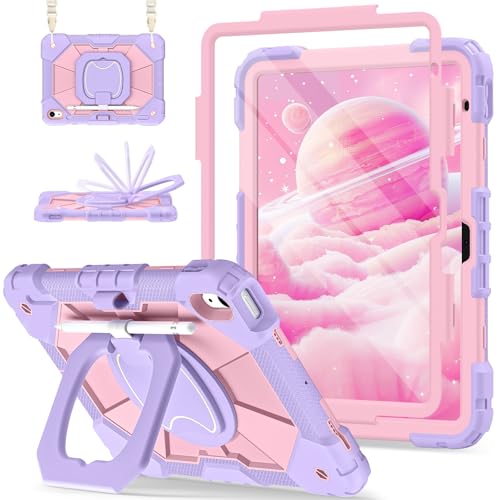 Image of Scnioy Case for iPad (A16) 11th Generation 11 Inch (2025), iPad 10th Generation Case 10.9 Inch (2022), Shockproof Cover with 360 Rotating Stand Screen Protector Pen Holder Shoulder Strap, Purple Pink
