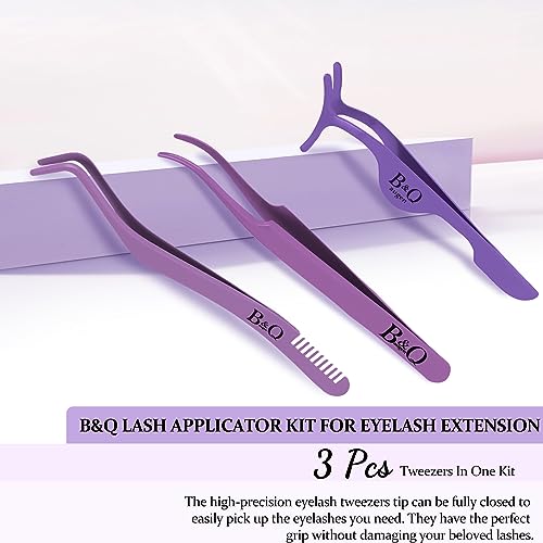 Eyelash Applicator Tool 3 PCS Lash Applicator Tool Kit B&Q Lash Tweezers for Eyelash Extensions Lash Extension Tweezers for Individual Lashes Application Tool and Removal (Purple,3 PCS)