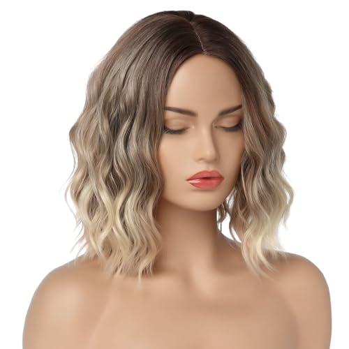 Packool Short Wavy Bob Wig with Dark Roots, Blonde Ombre Syn