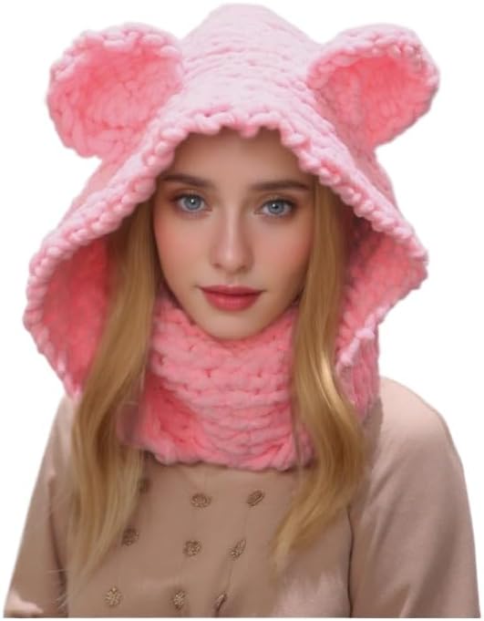 Y2K Cute Bear Ear Knitted Hat for Women, Handmade Knitted with Thick Velvet and One Piece Neck Hat