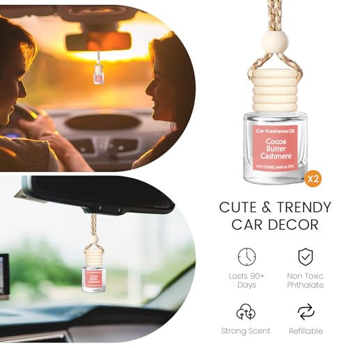 Image of Hanging Car Air Freshener, Long Lasting Essential Oil Diffuser, Non-Toxic Cocoa Butter Cashmere Scent, Cute Car Fresheners for Women, 2 Pack Made in USA