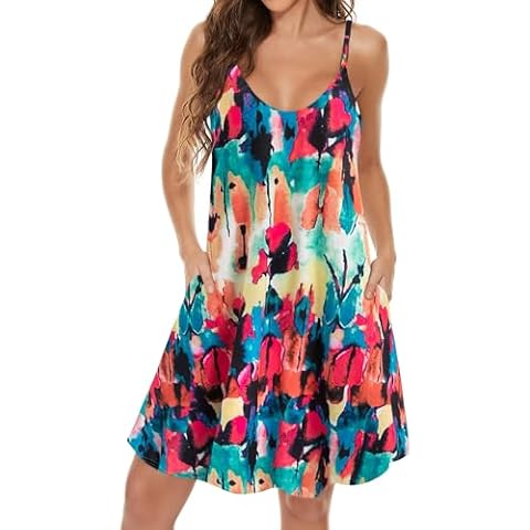 JOELLYUS Womens Summer Dresses Spaghetti Strap Sundress Casual Beach Cover Ups Swing Dress with Pockets (COLRD,L) Cover