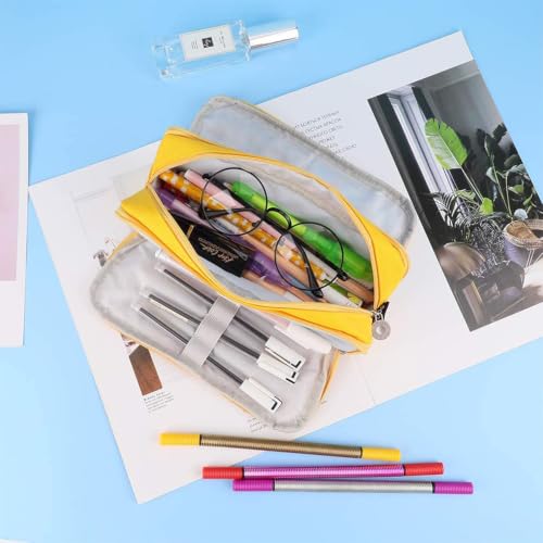 Image of Canvas School Bag Pencil Case, 3 Layer 6 Compartment Large Capacity, Aesthetic Pencil Pouch for Stationary, Cute Stationery for Kids, Pencil Case for Girls & Boys (Special Yellow)