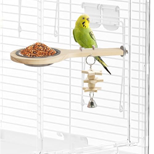 Image of Bird Perch with Feeding Cup, Parrot Wood Stand with Chewing Toy, Bird Cage Accessory for Parakeet Lovebird Cockatiel Conure Budgie