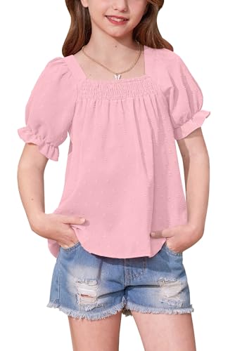 Image of BesserBay Girls Summer Puff Short Sleeve Square Neck Tee Shirts Ruffle Smocked Blouses Cute Swiss Dot Tops 5-14 Years