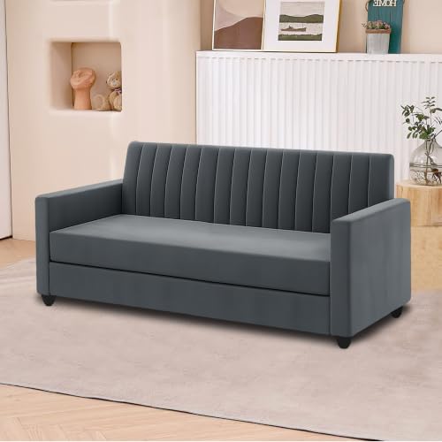Image of 3+2 Fabric Sofa Set with Ottoman for Living Room | Modern Upholstered 5-Seater Couch | Soft Cushion, Premium Velvet Fabric-Grey