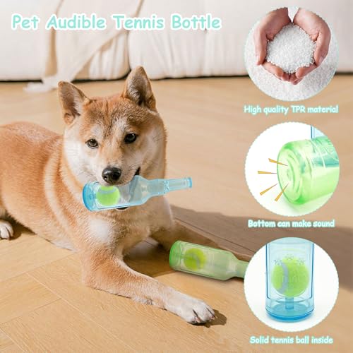 2 PCS Hundespielzeug Mit Wasserflasche, Bierflaschen Hundespielzeug mit Tennisball, Flaschen Kauspielzeug Hunde, Dog Quietschend Kauspielzeug, Spielzeug für Kleine Mittlere Große Hunde (Grün+Blau)