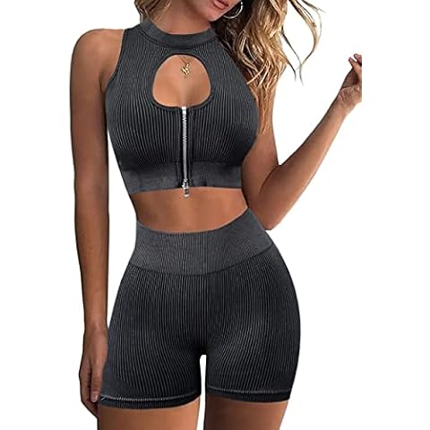 2 Piece Workout Outfits for Women Acid Wash Seamless Ribbed Cutout Zip Crop Top High Waist Biker Shorts Yoga Gym Sets, Black, Large Cover
