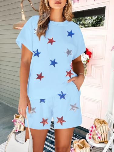 Image of VILOVE 4th of July 2 Piece Sequin Outfits Women 250 Anniversary Usa Shirts and Short Sets Casual Patriotic Shirt Summer Set