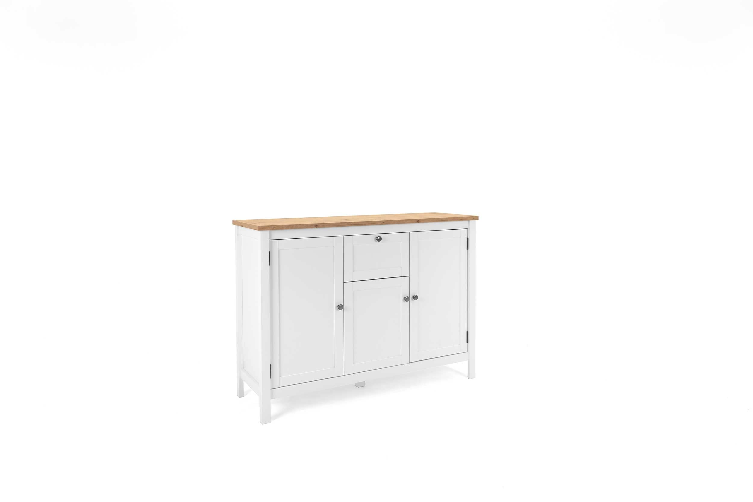 Landhaus Sideboard (B/H/T: 120 x 90 x 40 cm) 3 Rahmentüren, 1 Schubkasten | Stollenfüße | Metallbeschläge antik | Magnetverschluss