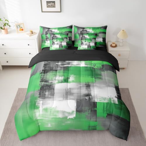 Green Grey Bed in a Bag Abstract 7 Piece Bedding Set Girls Teens Room Decor Geometric Comforter Set Flat Sheet, Fitted Sheet, Pillowcases & Pillow Covers Queen Size Geometry Modern Art Soft Microfiber