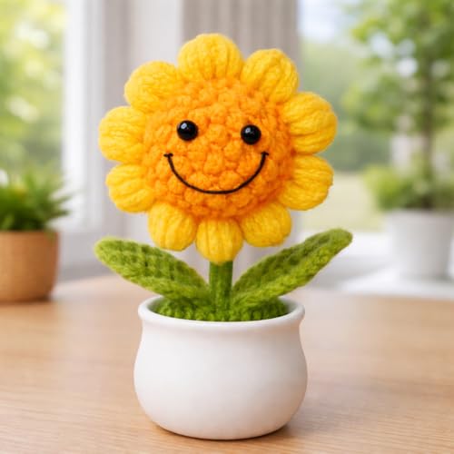 Image of Amazon Brand - Umi Handmade Crochet Flower Pot for Home & Office Decor, Cute Smiling Floral Tabletop Showpiece, Aesthetic Desk Decoration, Unique Gift for Friends Family & Loved Ones (Sunny Yellow)
