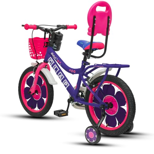 Image of Petal 16T Kids Bicycle with Training Wheels | Backrest, Basket & Full Chain Cover | Ideal for Girls Aged 5-7 Years (Purple-Pink, 16T)