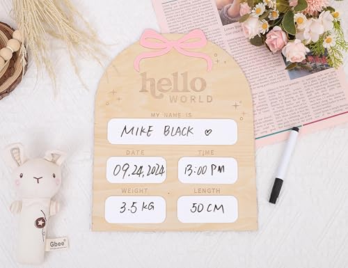 Image of Bow Baby Birth Announcement Sign-Wooden Milestone Card, Hello World Sign, Nursery Decor, Birth Announcement Board, Decorative Photo Props Baby Shower, and Souvenirs