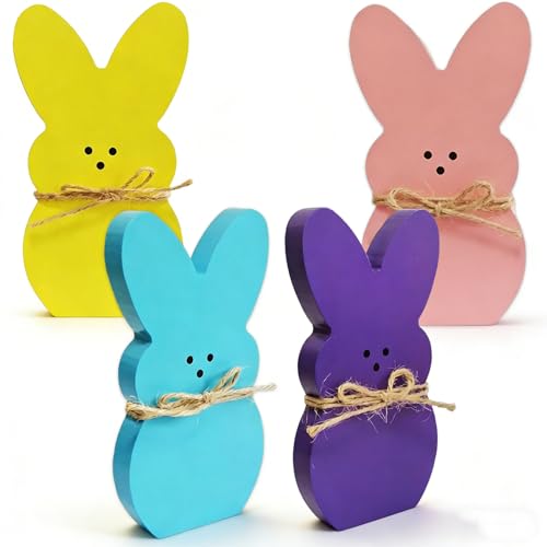 Easter Decor, 4 Pcs Bunny Table Wooden Decorations for Home, Freestanding Wood Spring Rabbit Table Accents for Tiered Tray, Mantel & Seasonal Home Decor, Pre-Wrapped & Ready to Gift
