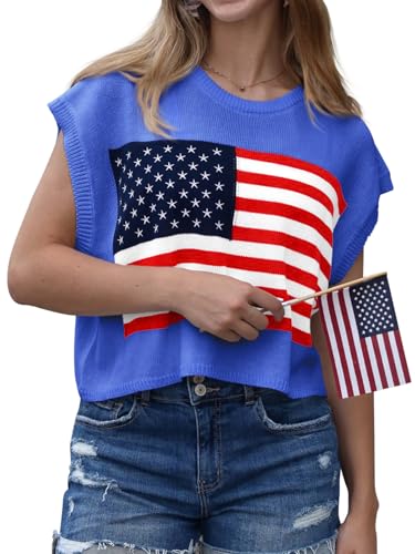 Image of Womens American Flag Sweater Cap Sleeve Summer Crop Tops Crew Neck Loose Fit Knit Sweater Pullover Top